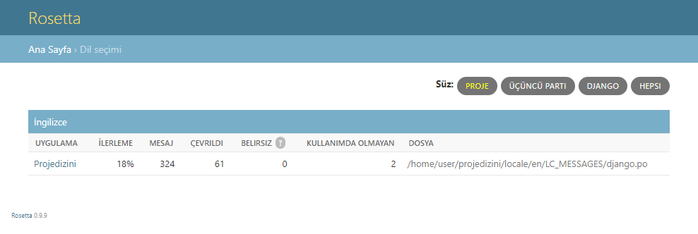 Django Rosetta translation interface — statistics screen