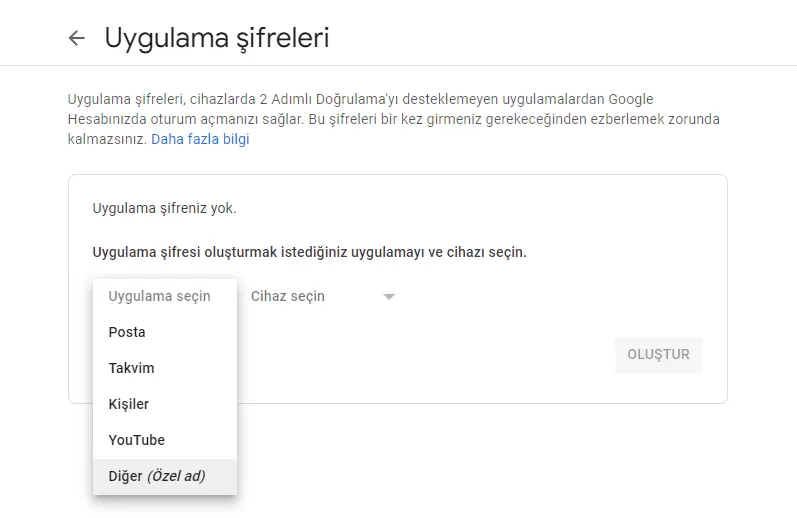 Generating Gmail app password — step 1: selecting app